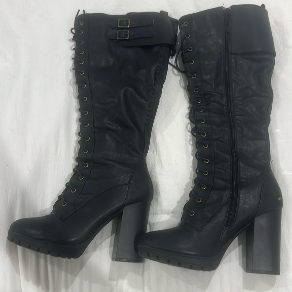 Wild Diva black knee heel boots that lace up